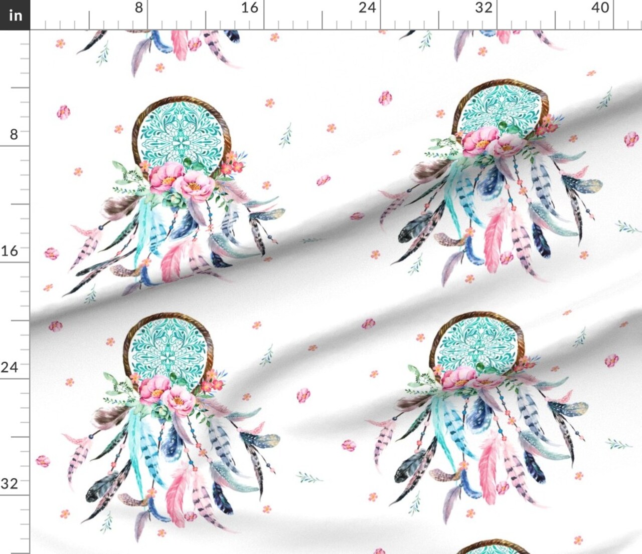 Aqua & Pink Dream Catcher Boho Floral Flowers Custom Printed Fabric by Spoonflower Various Fabrics by the Yard or Fat Quarter